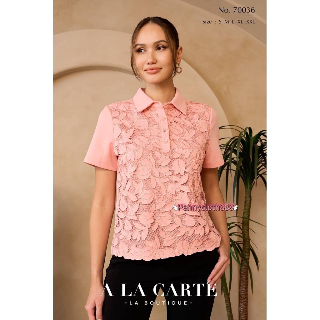A La Carte รหัส 70036 เสื้อยืดคอปก งานปักฉลุเซาะทอลูกไม้ ด้านหน้า มีซับใน เนื้อผ้านุ่มใส่สบาย  L 42 
