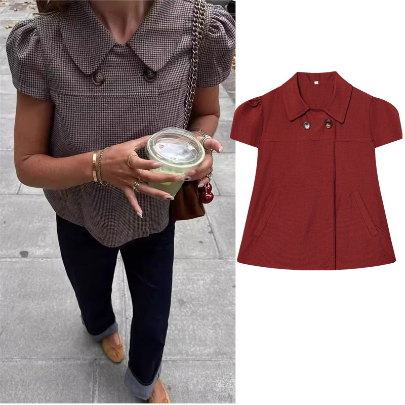 ZA Lapel Puffy Short-Sleeved Short Checked Shirt Top