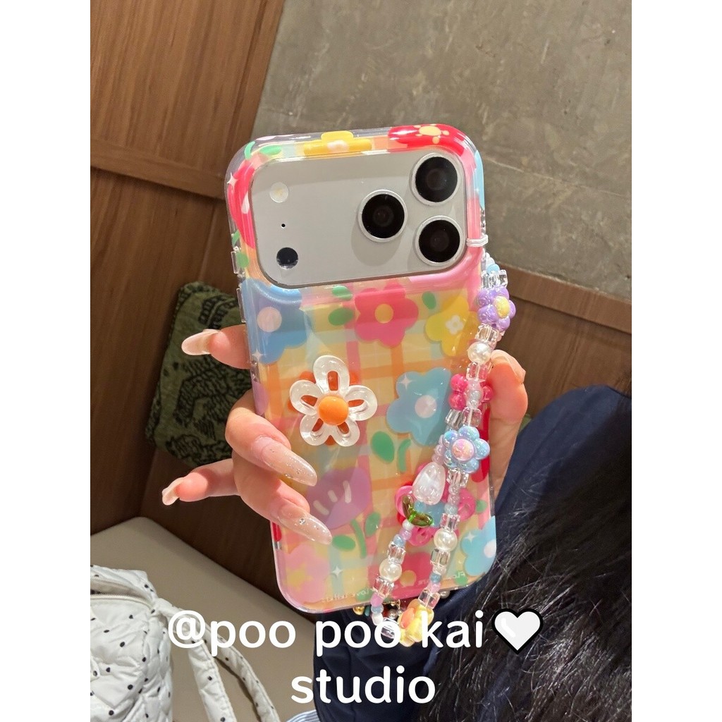 เคสน่ารักเกาหลี Ins Vibrant Aesthetic สีสันลายสก๊อตเส้นและ 3D รูปแบบดอกไม้สีเหลืองพื้นหลังสําหรับ iPhone 17 Pro Max 16 Pro 15 14 13 Pro Max