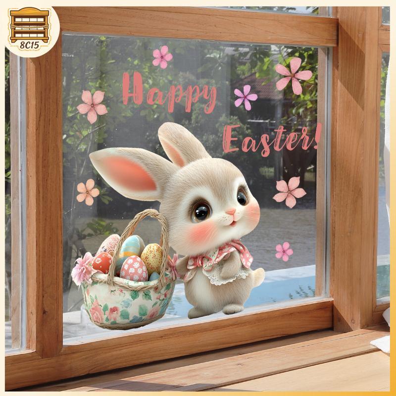 [8C15] การ์ตูนกระต่ายอีสเตอร์ไข่ดอกไม้หน้าต่าง Static Stier สําหรับ Happy Easter Day Home Festival P