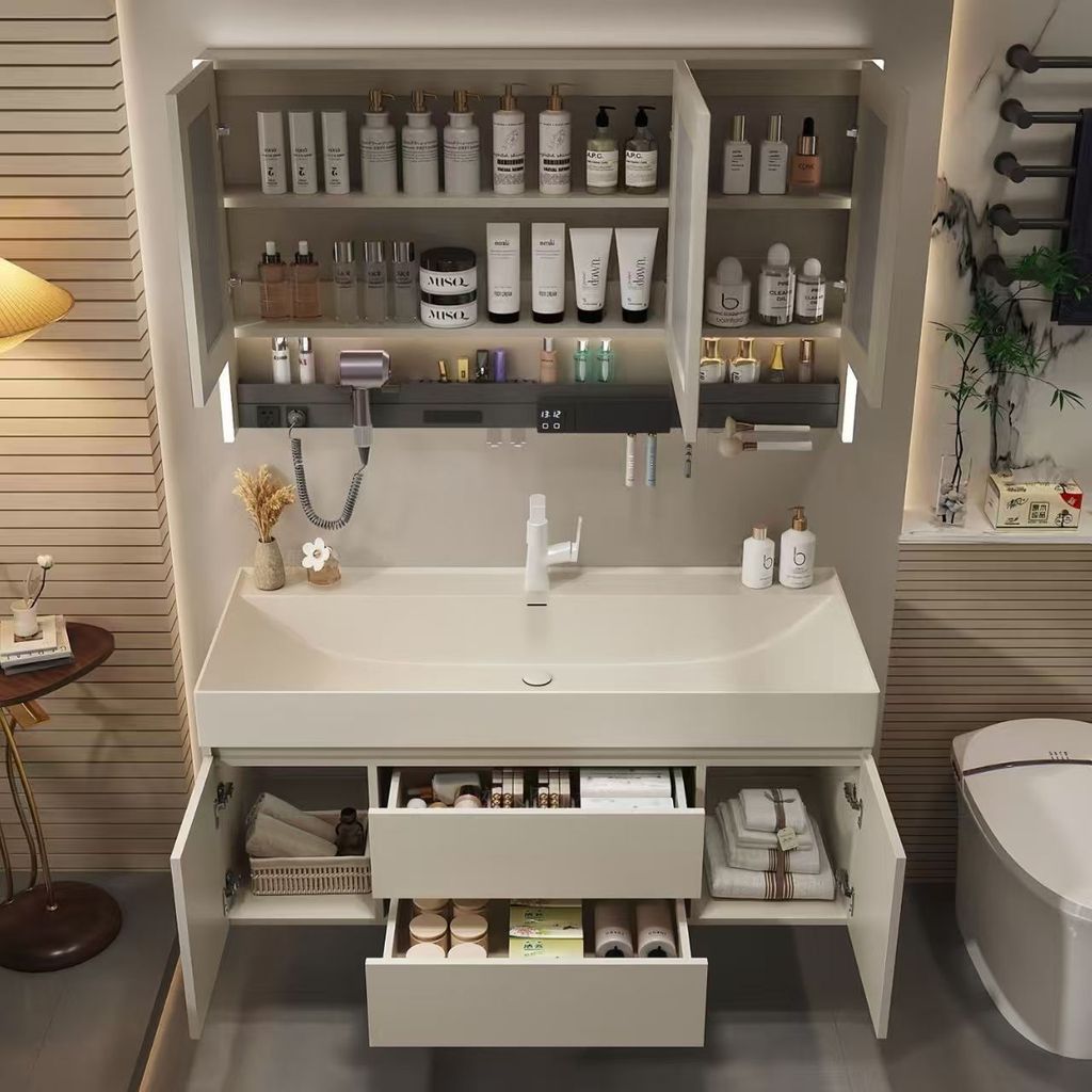 ตู้ห้องน้ำที่มีท็อปโต๊ะหินอ่อน พร้อมตู้กระจกอเนกประสงค์ พร้อมที่ใส่แปรงสีฟันแบบฆ่าเชื้อโรค（แถมอุปกรณ์ครบชุด） ราคา ถูกที่สุด ดีลบีเคเค แกลเลอรีภาพที่ 2