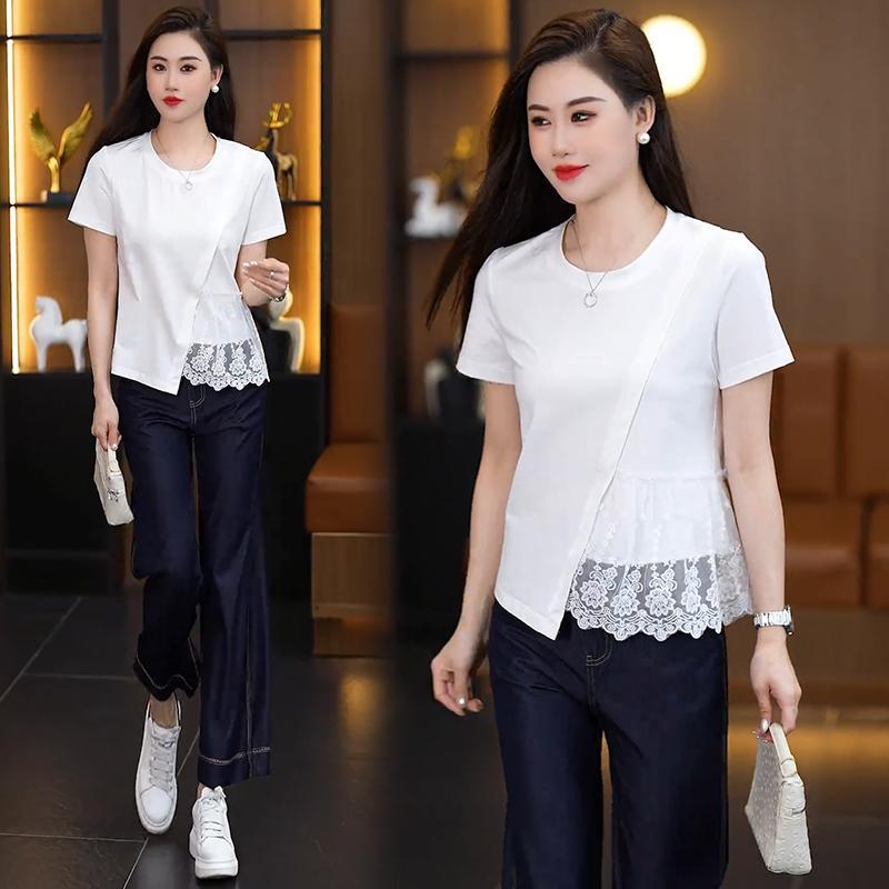 Red Berryเสื้อเชิ้ตแขนสั้นสำหรับผู้หญิงในฤดูร้อน ตกแต่งด้วยขอบลูกไม้ สวมใส่สบาย99312