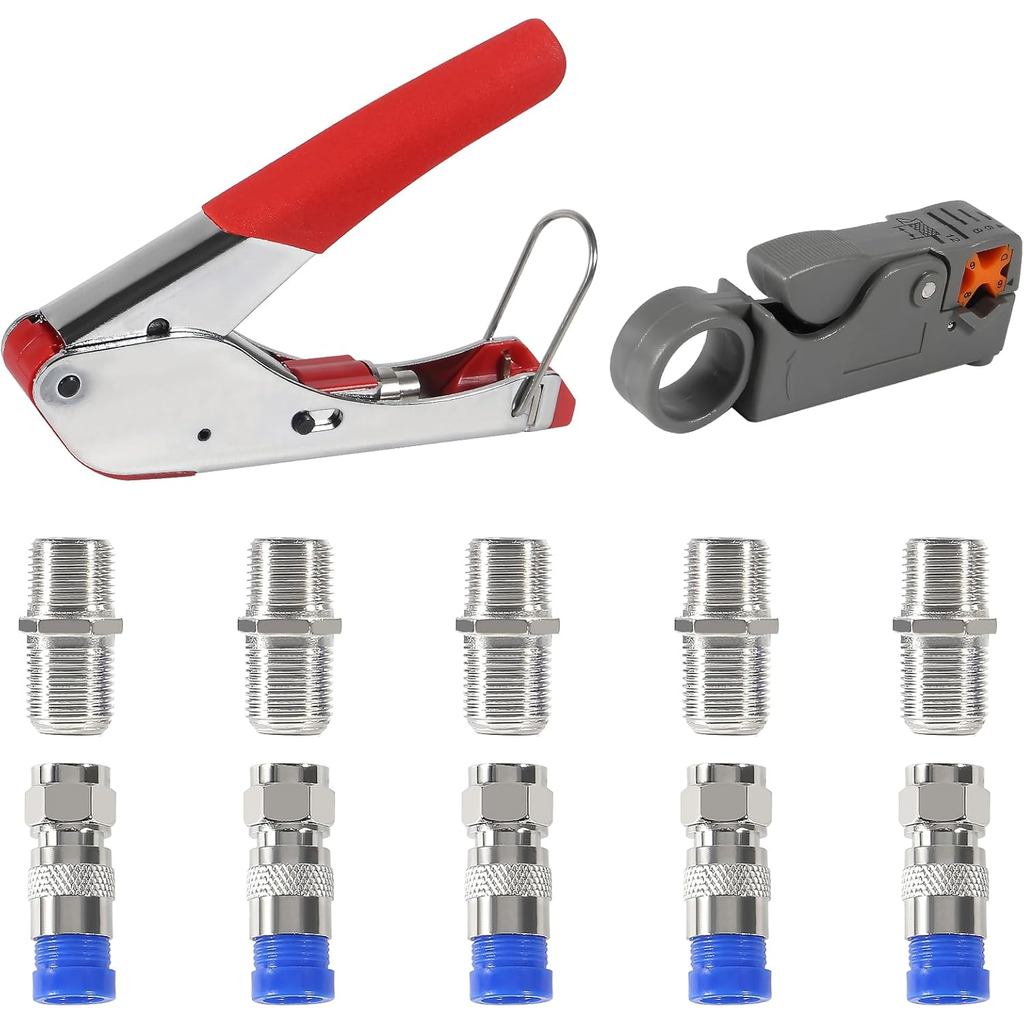 Coax Cable Crimper Tool Kit Coaxial Compression Tool Coaxial Cable Stripper 5PCS RG6 F Type Connecto