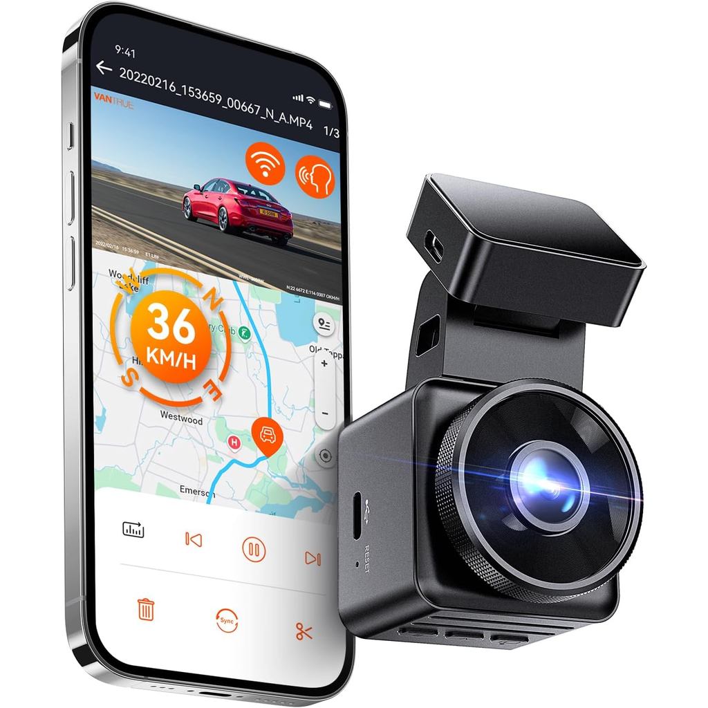 Vantrue E1 Lite 1080P WiFi Mini Dash Cam พร้อม GPS และความเร็ว, แอพฟรี, กล้อง Dash ที่ถอดออกได้, โหม