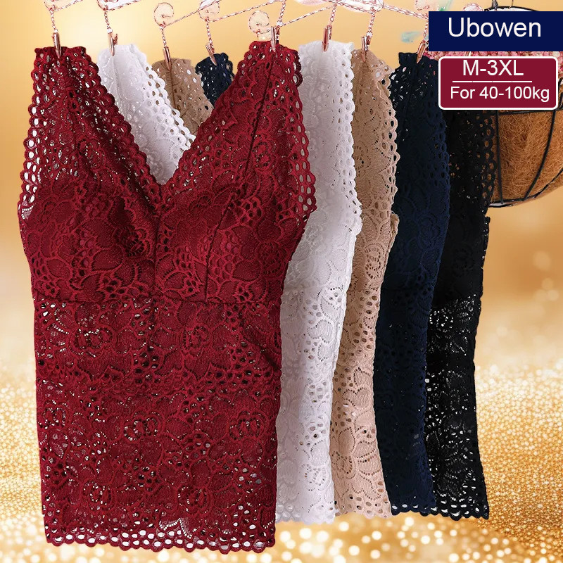M-3XL สําหรับ 40-100 กก.พลัสขนาดผู้หญิง Camisole Top พร้อมหน้าอก Pad เซ็กซี่ลูกไม้ Hollow Out Slim Fit กลางความยาวบางฤดูร้อนชุดชั้นในด้านใน Outwear