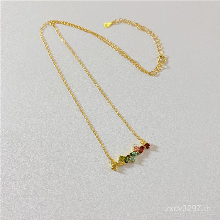 สร้อยคอเงินสเตอร์ลิงพร้อมทัวร์มาลีนธรรมชาติ สไตล์ Influencer สีสันสวยงาม สำหรับผู้หญิง LN4T