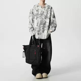56 MEN Long-sleeve T-shirt WY29 เสื้อยืดแขนยาว ลายมัดย้อม คอวี เสื้อยืดทรงหลวม สไตล์วินเทจ ขาว ดำ M-3XL