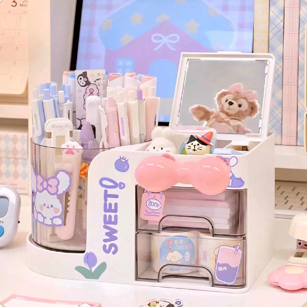 แถมสติ๊กเกอร์ แบบหมุนได้ กล่องเก็บเครื่องเขียน เครื่องสำอาง 3in1 มีลิ้นชักและกระจกในตัวมินิมอล จัดระเบียบโต๊ะทำงาน - รูปที่ 2