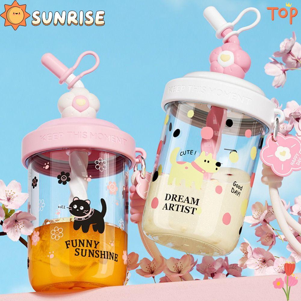 ขวดน้ํา SUNRISE, พร้อมหลอด 580ML ถ้วยดื่ม, Kawaii ความจุสูงฟางกันฝุ่น Leak-proof Blend Shaker ถ้วยเค