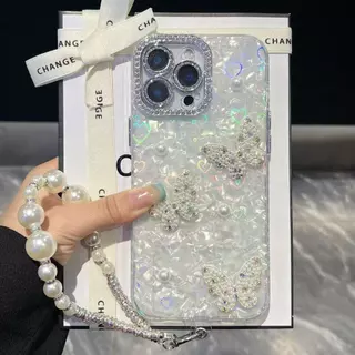 IMD Love เลเซอร์เคสโทรศัพท์สําหรับ iPhone 17 15 16 14 13 12 11 Pro Max แฟชั่น 3D Pearl Butterfly ฝาครอบป้องกัน