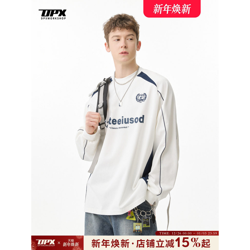 DPX เสื้อยืดแขนยาวสำหรับผู้ชาย สไตล์ใหม่ของฤดูใบไม้ร่วงและหนาว พิมพ์ลายตัวอักษร ทรงหลวมรอบคอดีไซน์อเ