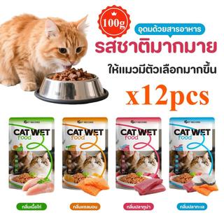 【12pcs】อาหารเปียกเม็ดเนื้อ 100g อาหารแมวเปียก ขนมแมว อาหารแมว ถุงอาหารเปียก ไม่เติมเกลือ อุดมไปด้วยสารอาหาร