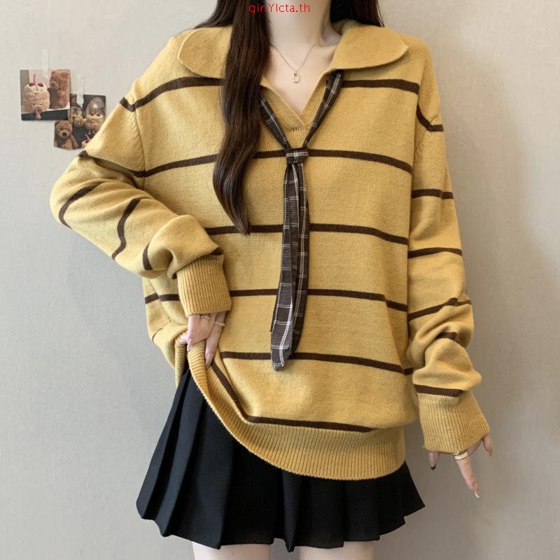 Withit long sleeve knit เสื้อไหมพรมลายทางคอปก - TPW09670