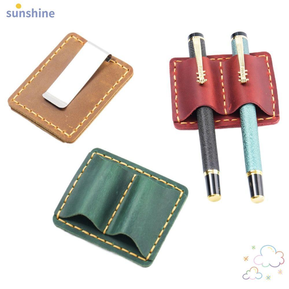 SSUNSHINE ที่เก็บดินสอ, ที่ใส่ปากกาหนังแฮนด์เมดป้องกันการสูญหาย, แบบพกพาพร้อมคลิปโลหะสล็อตคู่ที่ทนทานปลอกปากกา Journal