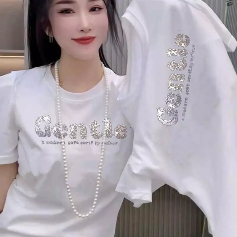 เสื้อยืดแขนสั้นผ้าฝ้ายแท้ หนักและเงา ประดับพลอยเทียม สำหรับผู้หญิง ขายดีของดาราอินเทอร์เน็ต แจ๊กเก็ตซ่อนพุง เสื้อยืดเร