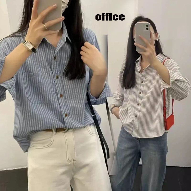 Dahong W716 เสื้อเชิ้ตแขนยาวแฟชั่น ลายทาง oversize คอปก
