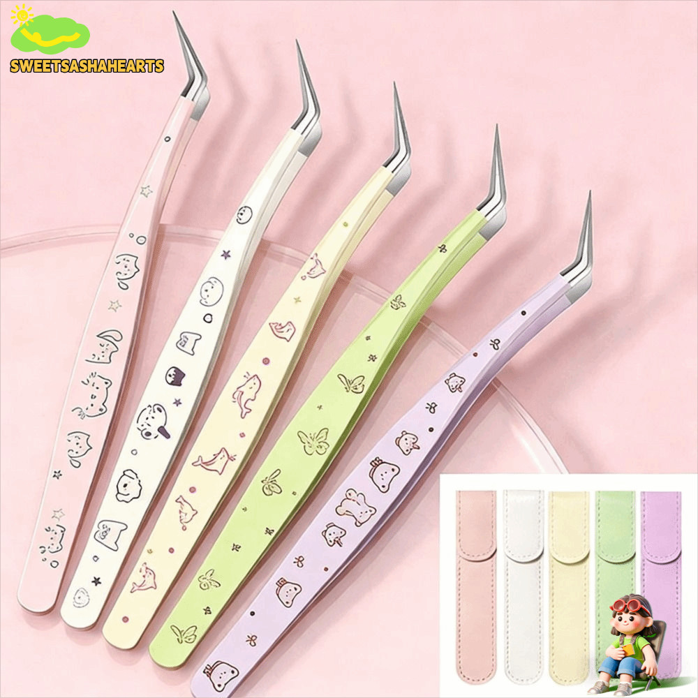 SWEE แหนบขนตาปลอม, สแตนเลสความแม่นยําสูง Lashes Extension Tweezer, Professional การ์ตูน Anti-static พร้อมหนัง Eyelash Curler เครื่องมือแต่งหน้าความงาม