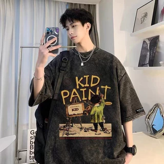 （จัดส่งตลอด 24 ชั่วโมง）HYเสื้อยืดฟอก ผ้าฝ้าย100% โอเวอร์ไซซ์ สีดําเข้ม สไตล์ฮิปฮอป เรโทรเสื้อเชิ้ตสำหรับคู่รักชายและหญิง