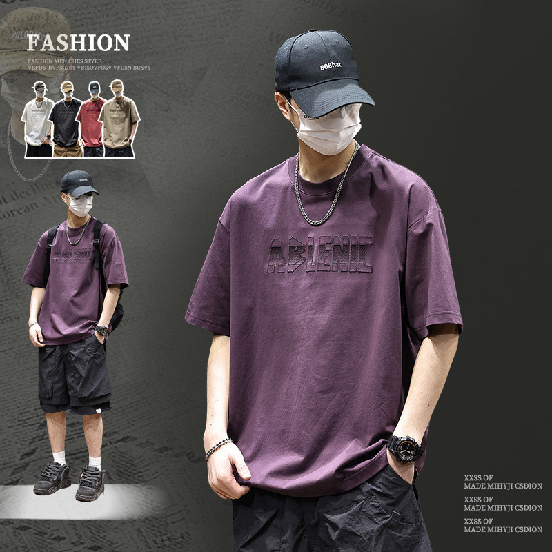 เสื้อยืดแขนสั้นสไตล์อเมริกันสำหรับผู้ชาย ผ้าฝ้ายเทคโนโลยี วงคอดышาщий ออกแบบลายพิมพ์ให้สวมใส่สบายในฤดูร้อน