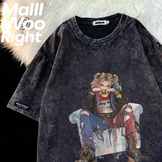 （จัดส่งตลอด 24 ชั่วโมง）HY เสื้อยืดฟอก oversize ผ้าฝ้าย100% โอเวอร์ไซซ์ สีดําเข้ม เรโทร เสื้อฟอกวินเทจ#T1678