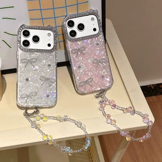 3DลูกปัดBowknot Shellเลเซอร์ + โซ่เพชรหูแมวอะคริลิคเคสโทรศัพท์สําหรับiPhone 17 Pro Max 17 Air 16 Plus 15 14 13 12 11 กันกระแทกป้องกันปลอก