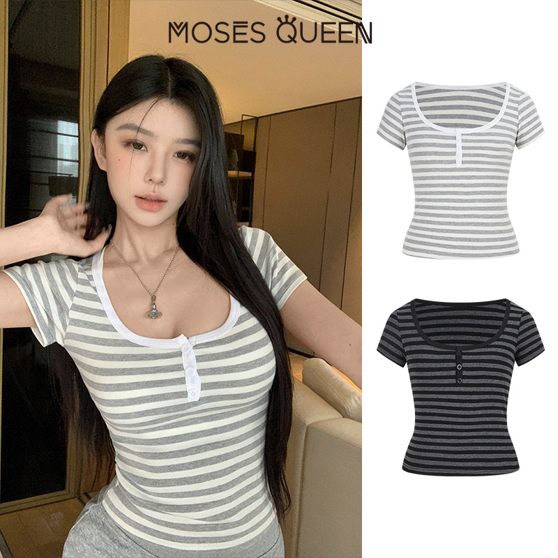 MOSESQUEEN เสื้อผ้าสกรีนสีลายเส้นแขนสั้น แบบสูทฤดูร้อน ตัวกระชับและพอดีรูปร่าง คอเปิดครึ่งหนึ่ง ทรงสูทสั้น #63599