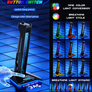 SPRISE ขาตั้งหูฟังสําหรับเล่นเกม LED ไฟหายใจคอมพิวเตอร์เดสก์ท็อปจอแสดงผล USB HUB พอร์ตสําหรับพีซี 9 สีอ่อน 4 พอร์ต
