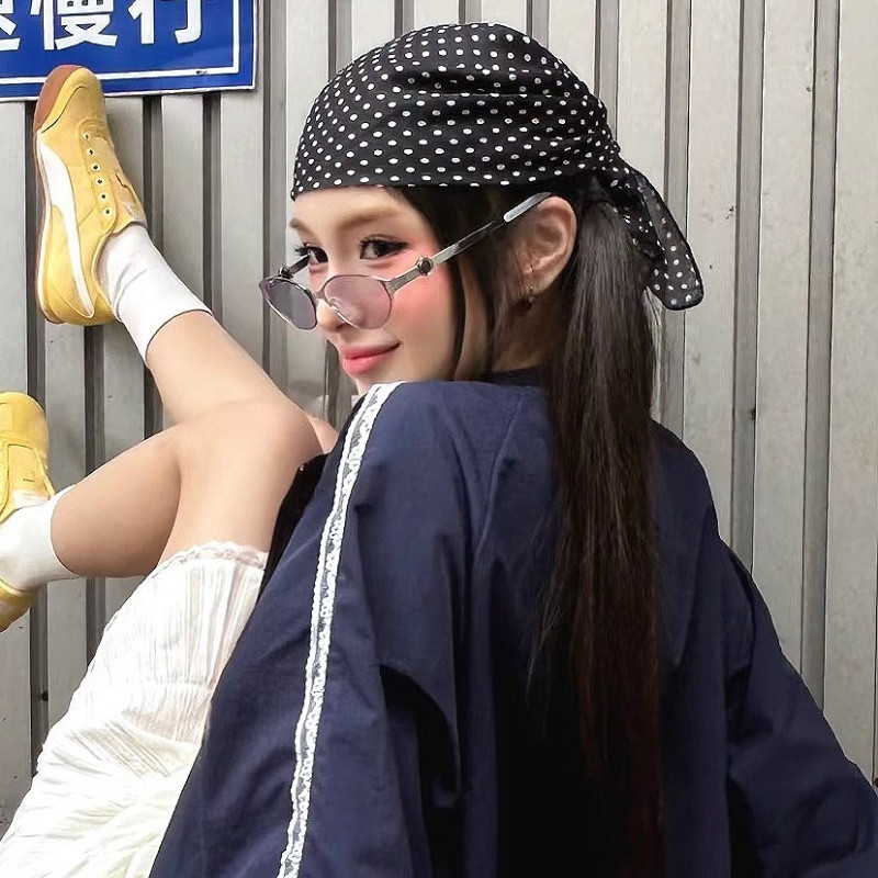 เกาหลีเกาหลีย้อนยุคสีดํา Polka Dot Headscarf ผู้หญิงฤดูร้อนอเมริกันสาวร้อน Hip-Hop เครื่องประดับผม