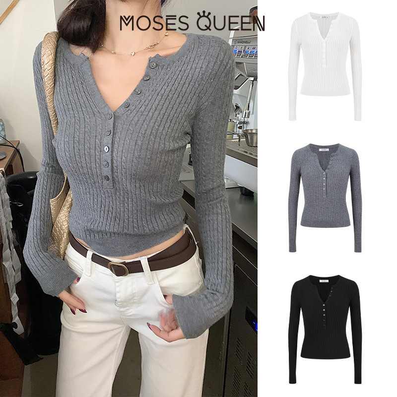 < MOSESQUEEN > เสื้อผ้าตัวเต็มรูปแบบ แบบ V-Neck พร้อมซิป ที่ถักอย่างละเอียด ตัวบางและเรียบเนียน ใช้สำหรับเดินทางประจำวัน แนวสไตล์เกาหลีแบบเรียบง่าย แขนยาวกับส่วนล่างต่ำ #59770