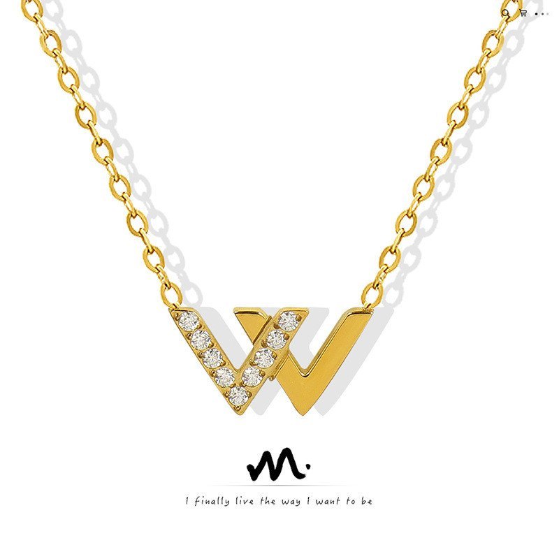 สร้อยคอจี้เพชร สไตล์เกาหลี trendy ออกแบบตัวอักษร W ทำจากเหล็กไทเทเนียมชุบทอง 18K