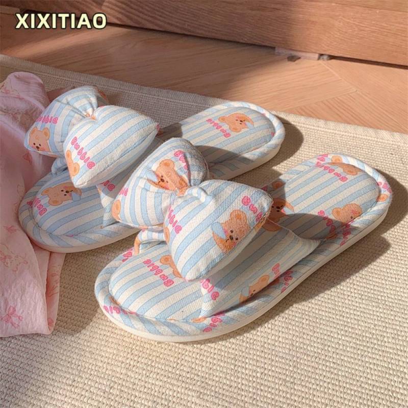 Simple Korean Style Bowknot Cute Bear Female Floor Shoes Home Bedroom Non-Slip Cotton and Linen Slip