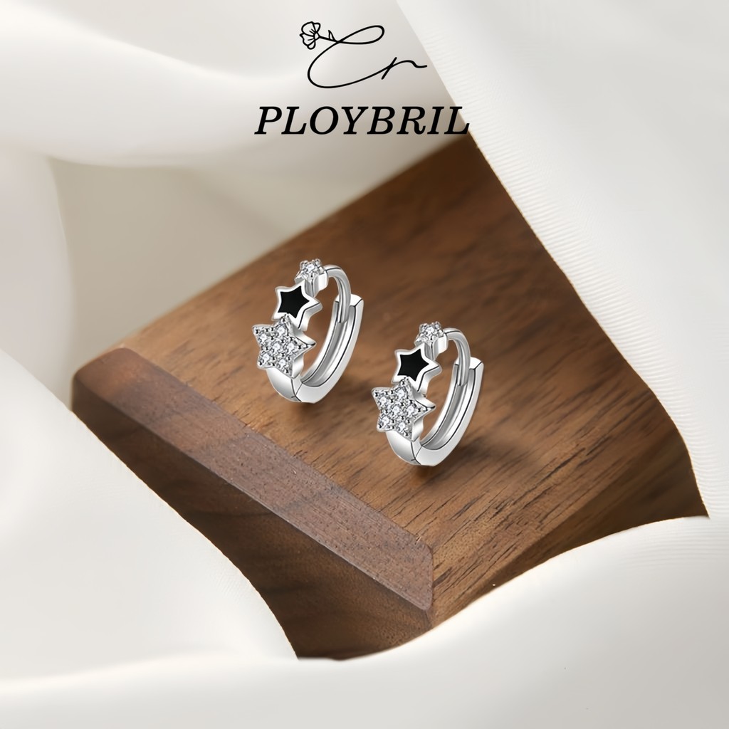 PLOYBRIL ต่ต่างหูแฟชั่น Black Stars ตุ้มหูระย้า ต่างหูดาว ต่างหูเพชร ตุ้มหูเงินแท้ วาเลนไทน์ E071