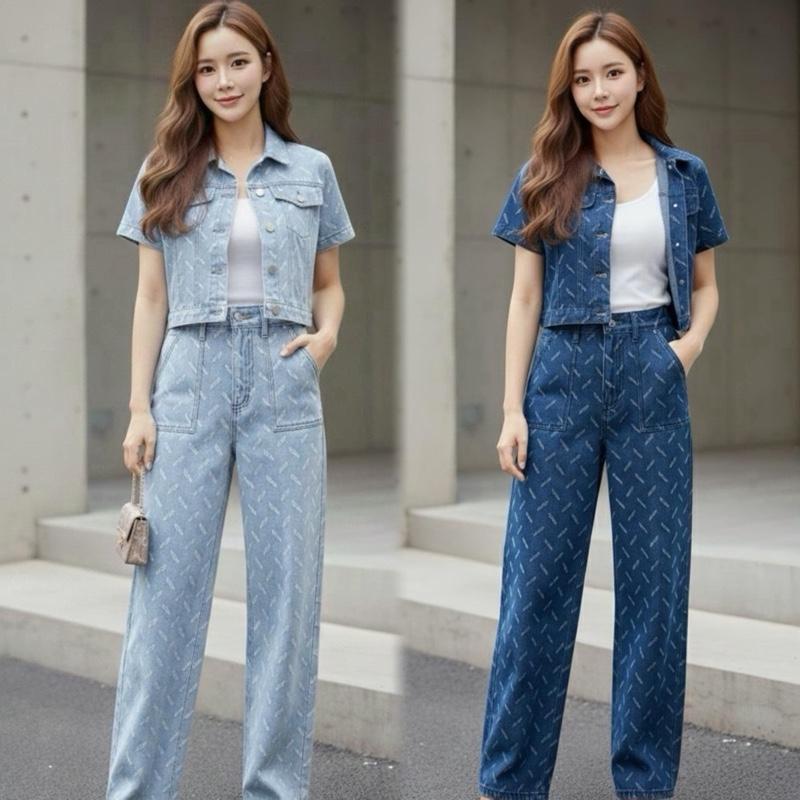 ชุดเซ็ตเสื้อเเขนสั้น+กางเกงขายาว งานผ้ายีนส์เเต่งสกิดหน้าผ้าทั้งเซ็ต-6010