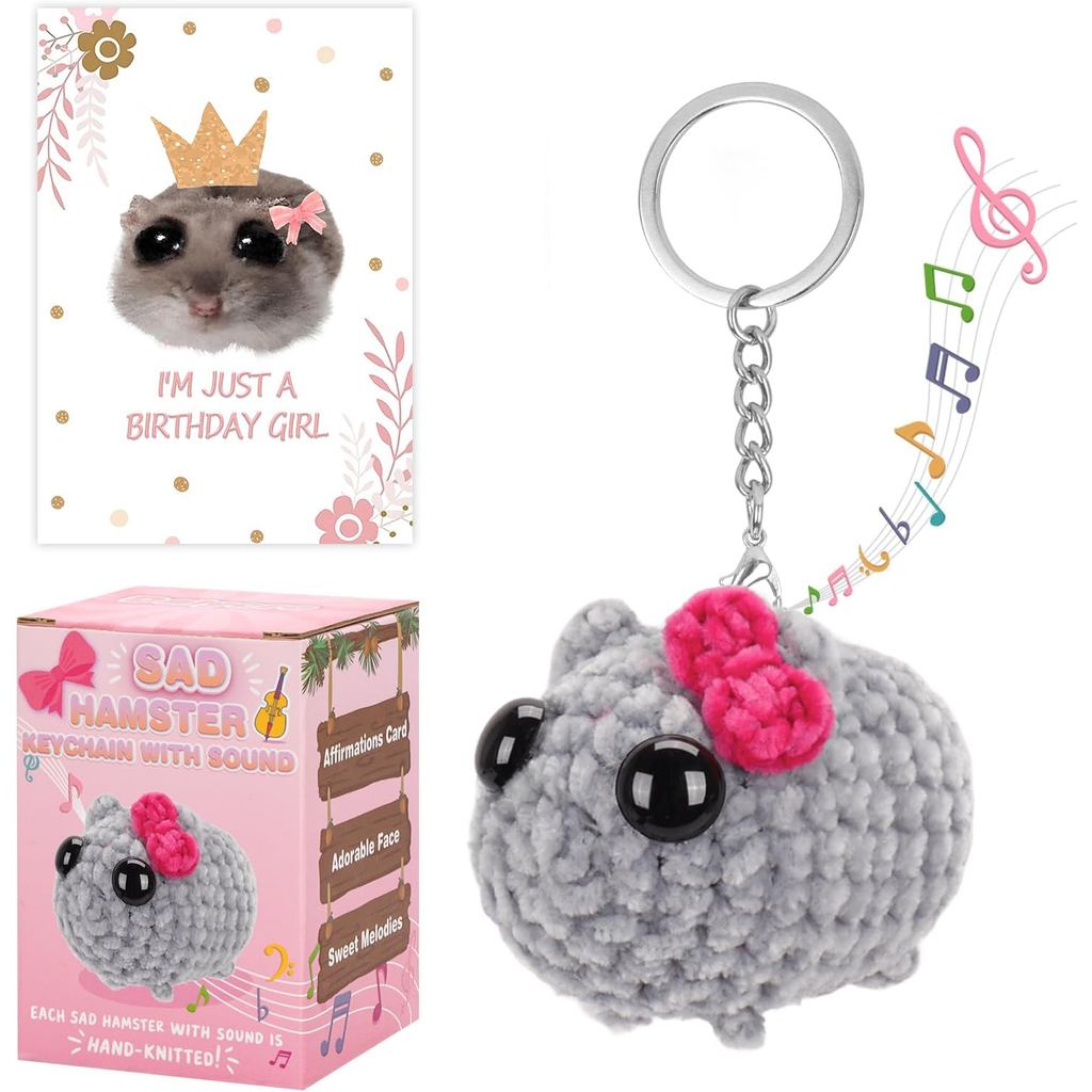Sad Hamster Meme Bow พวงกุญแจเสียงอัพเกรด Hand-Knitted Sad Hamster Plush พร้อมกล่องของขวัญและการ์ดสํ
