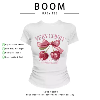 BOOM เสื้อครอปแขนสั้น ลายเชอร์รี่ สไตล์สาวหวาน ผ้ายืดคุณภาพ ใส่สบาย เสื้อยืดผู้หญิงวัยรุ่น แต่งตัวประจำวัน