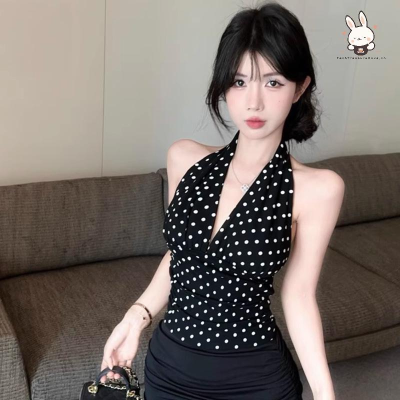 [Teh] ฤดูร้อน 2025 ผู้หญิง Slim Fit V คอแขนกุด Polka Dot สายรัดเสื้อกั๊กสไตล์ด้านบนแฟชั่นอินเทรนด์ C