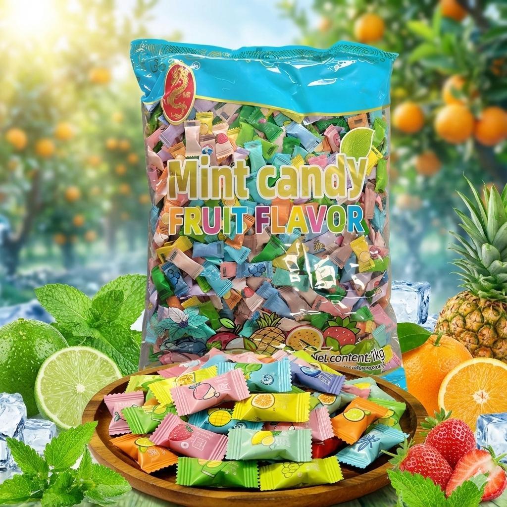 ลูกอม Mint Candy รสชาติผลไม้ 1kg ให้ความสดชื่นและเย็นสบาย ประกอบด้วยลมหายใจสดชื่น มิ้นต์ จูบ และลูกอม สะดวกสำหรับการพกพา