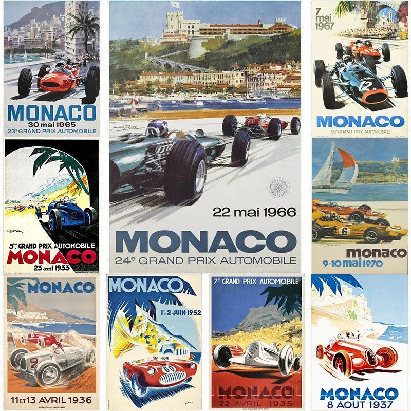 Nostalgic Car Racing Monaco F1 F1 Racing โปสเตอร์ผ้าใบแยก F1 สูตร Grand track พิมพ์ Racing wall art 