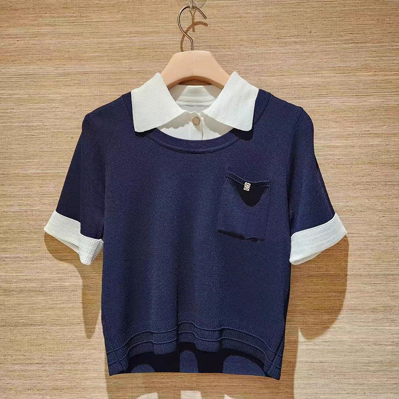 UQ7K Sandro 2025Early Autumn Commuting College Style Color-Block Fake Two-Piece Turn-Down Collar Sli