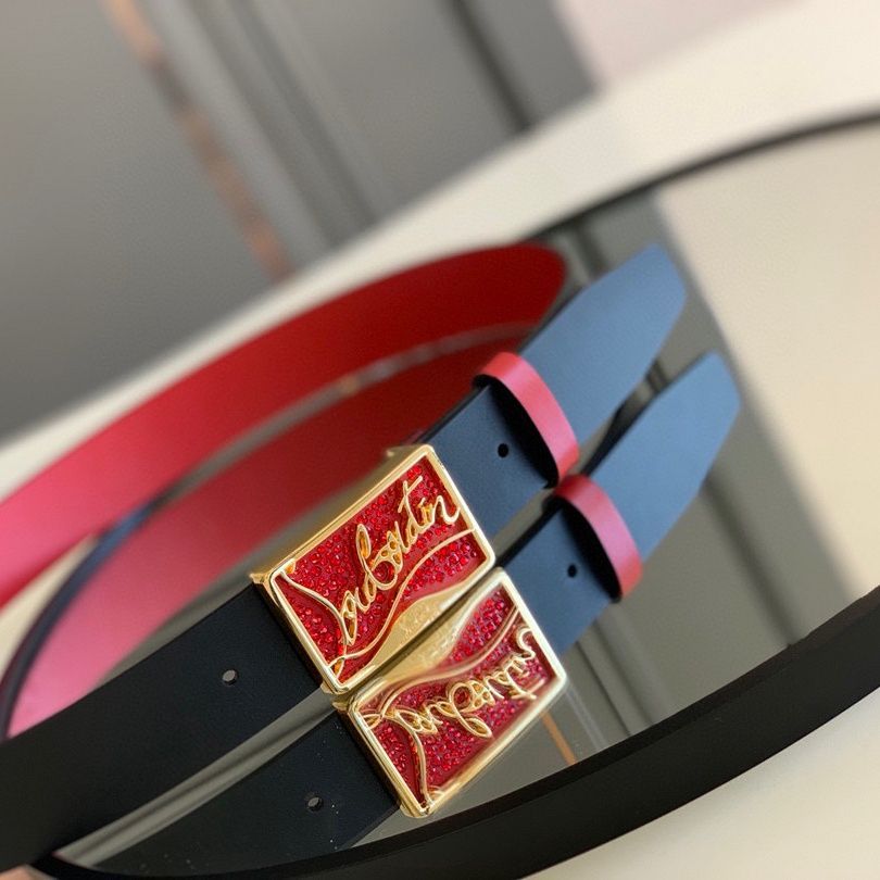 RKE3 Christian Louboutin Men's Kristen Radish Dices3.5Double-Sided Top Layer Cowhide Red Belt Wine R