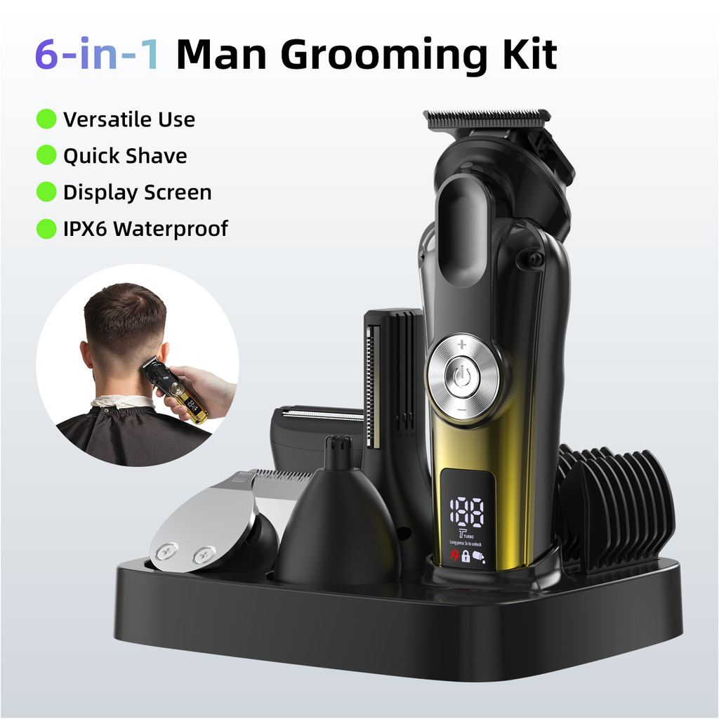 แบตเตอเลี่ยนตัดผม Men's 6 in 1 set ไฟฟ้า กรรไกรตัดผม การออกแบบกันน้ำ IPX6 จอแสดงผล LED ที่ชัดเจน ล็อคการเดินทาง อุปกรณ์เสริมที่สมบูรณ์