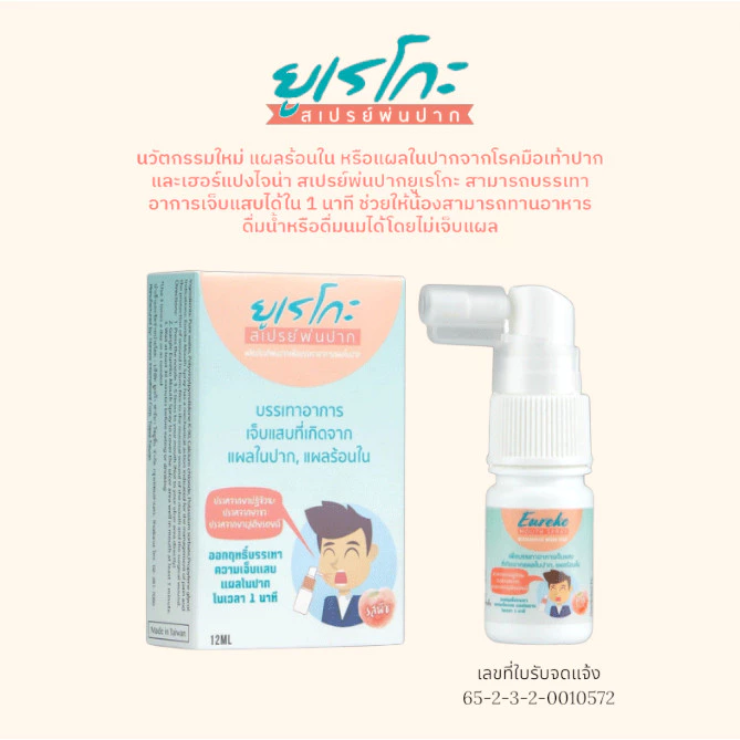 สเปรย์พ่นปาก บรรเทาอาการเจ็บแผลร้อนใน และมือเท้าปาก Eureko Mouth Spray หมดปี 7.1.2027