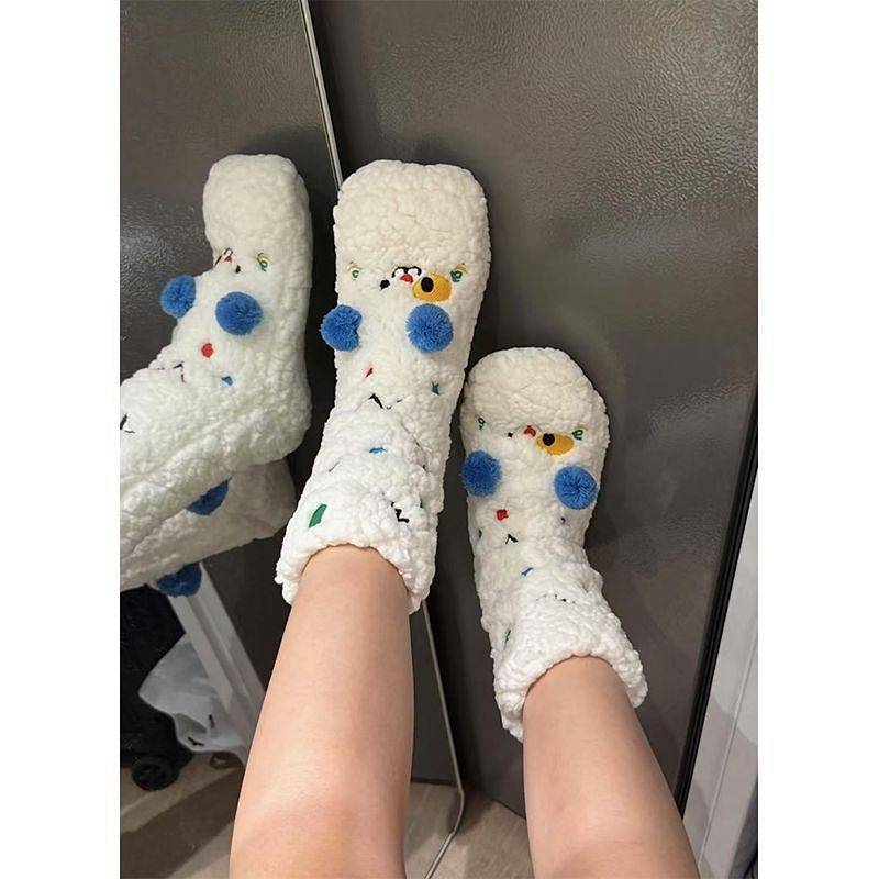 Cashmere Socks for Women Thickened Fleece Sleeping Socks Cartoon Coral Fleece Non-Slip Home Warm Roo