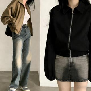 dode.mall เสื้อแจ็คเก็ตสั้นสำหรับผู้หญิง แขนยาว มีปกและซิป เ…