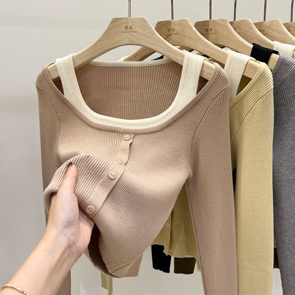 sweater set เสื้อ sweater sculptor sweater สแควร์คอเสื้อกันหนาวแขนยาว สำหรับฤดูใบไม้ร่วงและฤดูหนาว อ