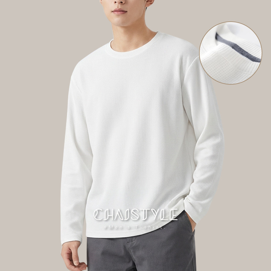 Chaistyle เสื้อยืดแขนยาวขนาดใหญ่พิเศษสำหรับฤดูใบไม้ผลิ สีพื้นเรียบง่าย ผ้าลายวาฟเฟิล สวมใส่สบายและลำลอง