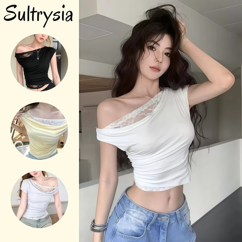 SultrySia เสื้อยืดแขนสั้น เปิดไหล่ สไตล์เกาหลี ลูกไม้ เข้ารูป ผ้านุ่ม สีพื้นใส่ได้ทุกวัน Y0327-0
