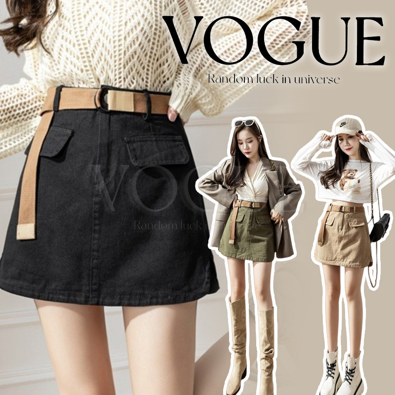 Vogue🌟พร้อมส่ง🌟 กระโปรงเอวสูง สั้นทรงเอ มีซับในบางๆ แถมเข็มขัด ใส่ได้ทุกลุค (6696) -NZ -N
