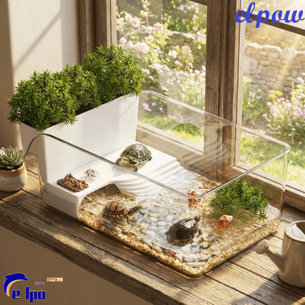 PIXELPOWER ถังเต่า, แห้งเปียกแยกพลาสติกสัตว์เลื้อยคลาน Terrarium, เต่าพักผ่อนพื้นที่ Basking พื้นที่โปร่งใสพร้อมจุดปีนเขาเต่า Breeding Box Habitat