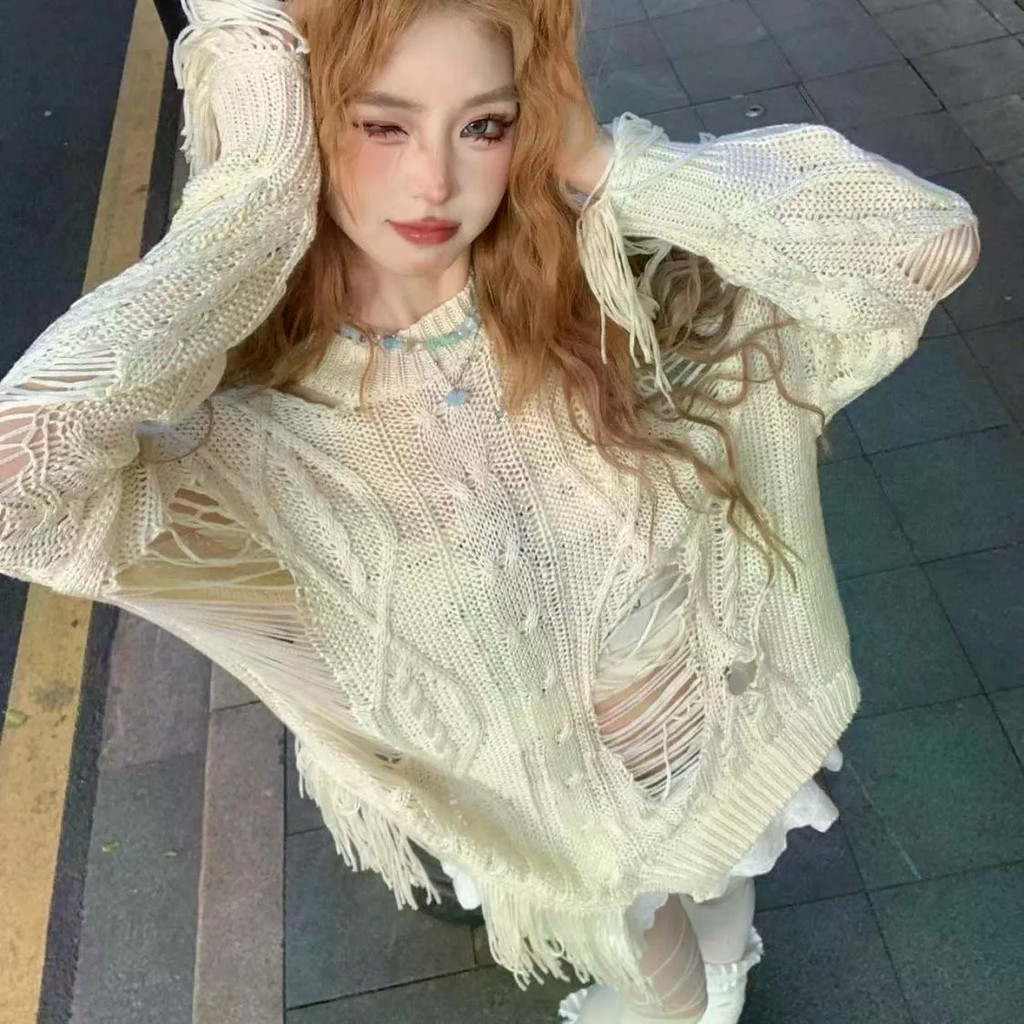 เสื้อถักสไตล์บางโปร่งและขาดเป็นลาย สำหรับผู้หญิง